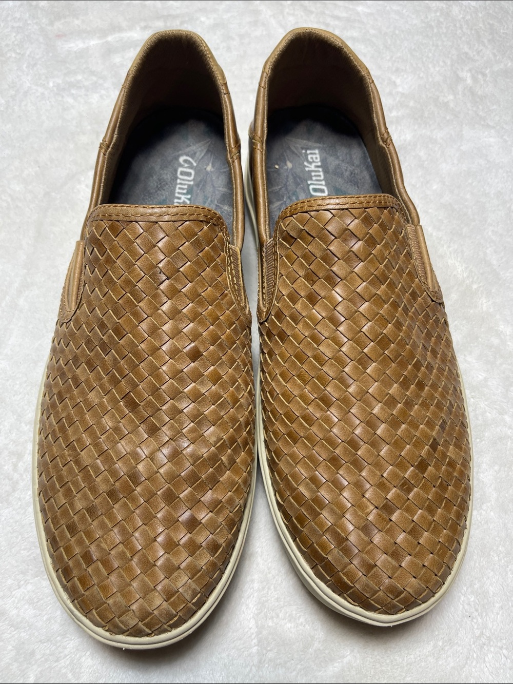 OluKai Men's Brown Woven Leather Slip-Ons Shoes Size 11M